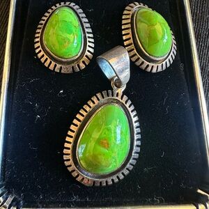 Native American Verasite Teardrop Pendant and Earrings Set - Sterling